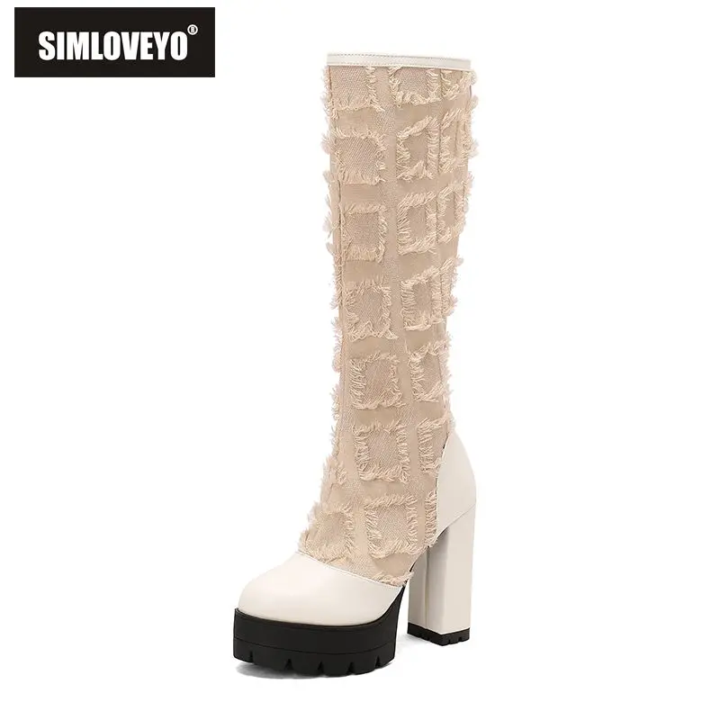 

SIMLOVEYO 2025 Новый дизайн Женские сапоги до колена с круглым носком на массивном каблуке 12 см Платформа 4 см Молния Смешанные цвета Плюс Размер 48 49 50