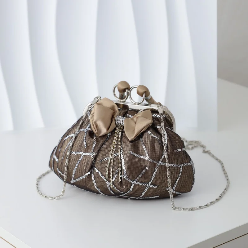 2026New fashion sequin mesh bow handbag with string strap, soft shoulder bag, crossbody bag, high-end evening dress bag - view 3