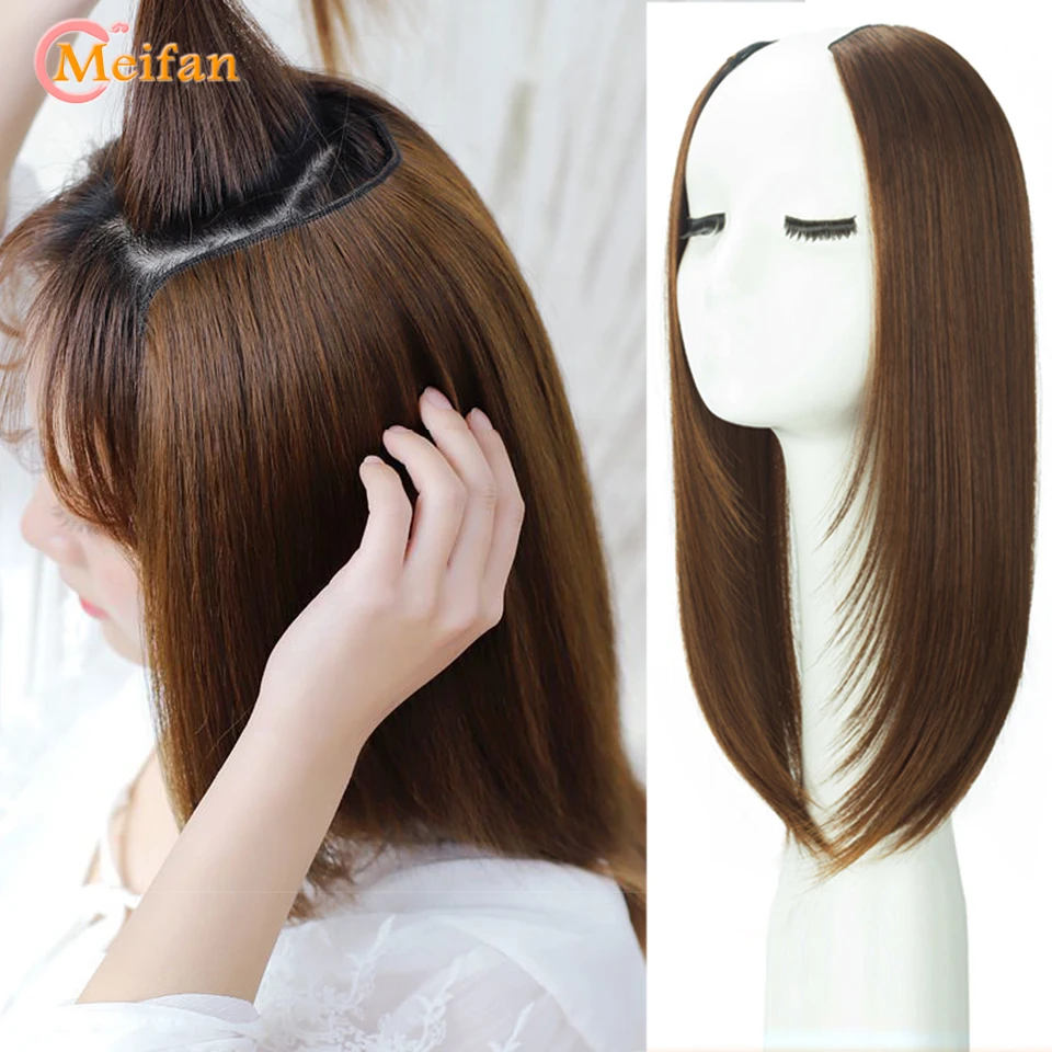 MEIFAN Synthetic Long Straight U-Shaped Half Head Wig for Women Black Brown Clips in Hair Extension Natural Fake Hairpieces