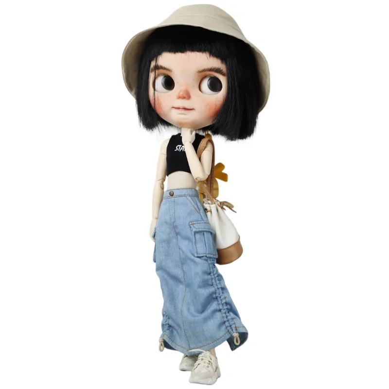 Doll Dress for Blythe Jeans Dress for Ob24 Ob22 Azone Doll Coat Denim Drawstring Skirt