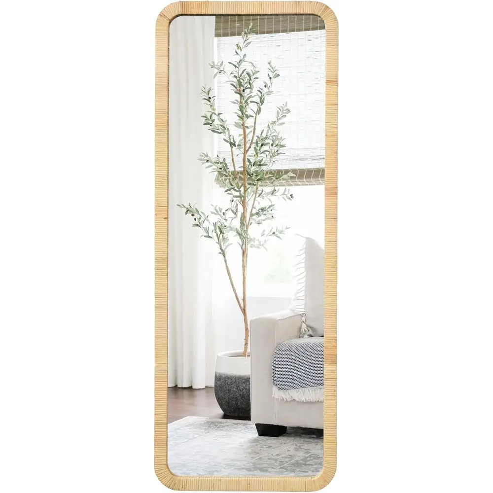 18x48 Rattan Leaning Wall Mirror for Home - Perfect for Entryway, Living Room, or Bedroom