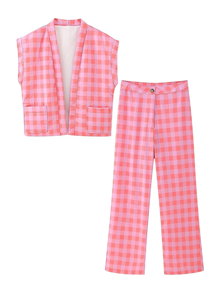 

TRAFZA Spring For Women Chic Suits Strapless Pink Plaid Sleeveless V-Neck Cotton-Padded Coat+High Waist Zipper Long Pants Mujer