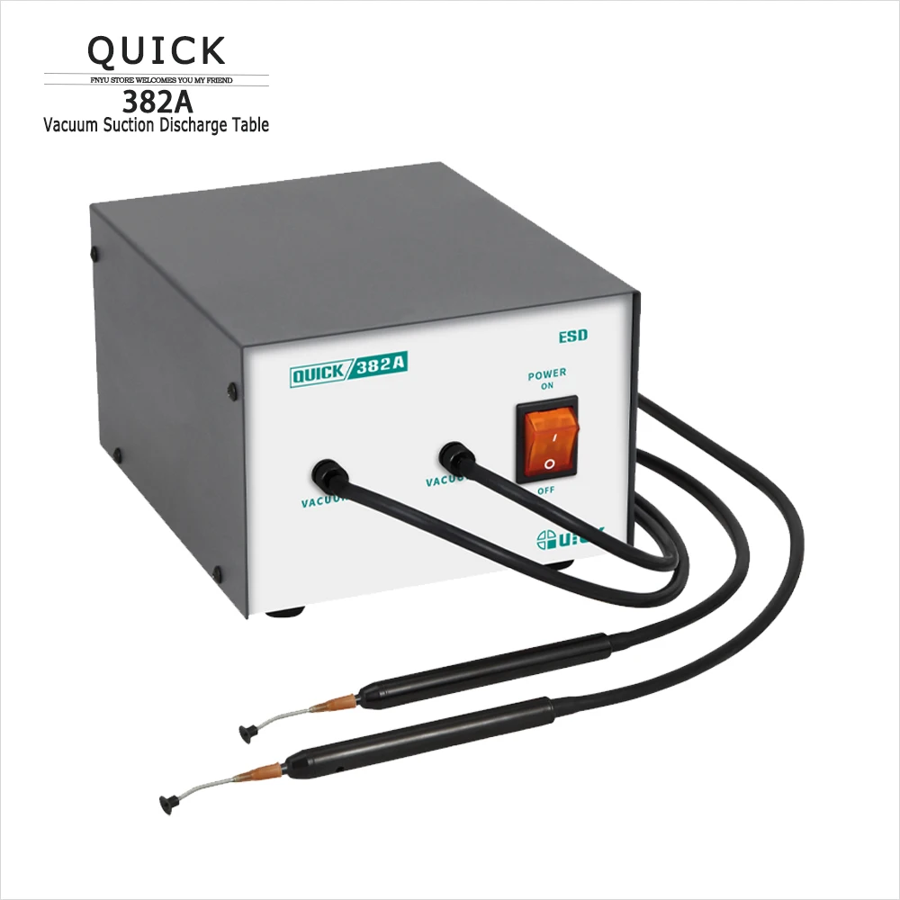 

QUICK 382A Vacuum Suction Discharge Table Built In Air Pump for SMD IC Resistor Dual Station Suction Pen Desoldering Repair Tool