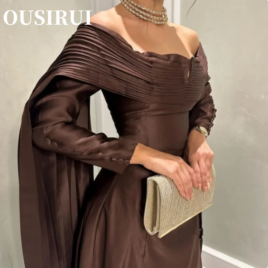 Saudi Arabric Sleeves Off The Shoulder Prom Dresses Long Sleeves Brown Elegant Evening Dresses Prom Gown Formal Party Gown