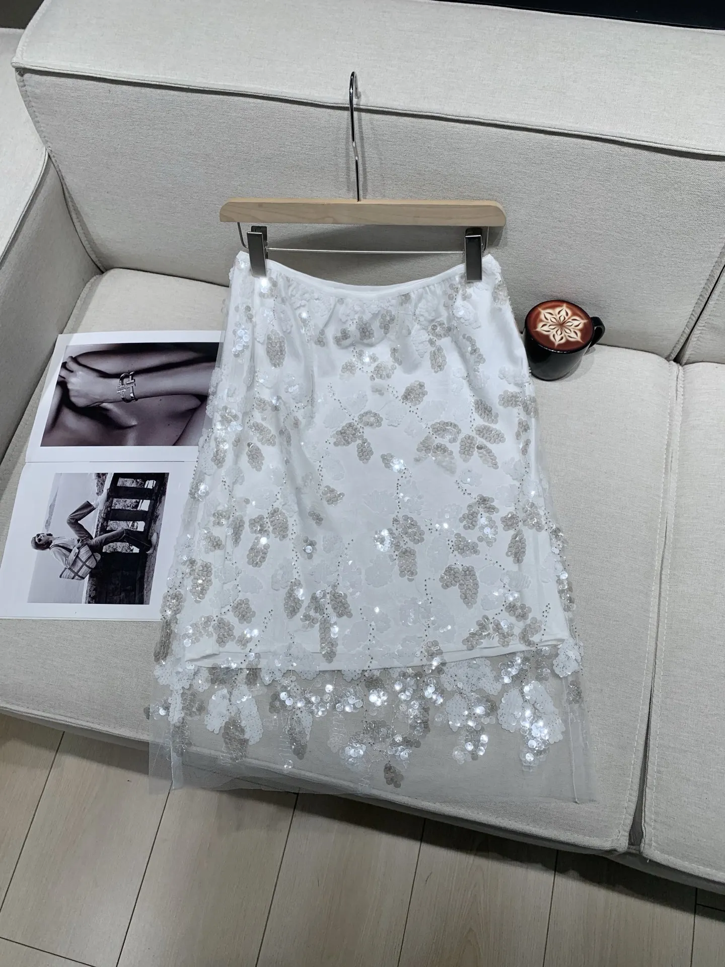 

Heavy Sequined Women White Skirt Mesh Stitching High Waist A-Line Fashion Ladies Jupe