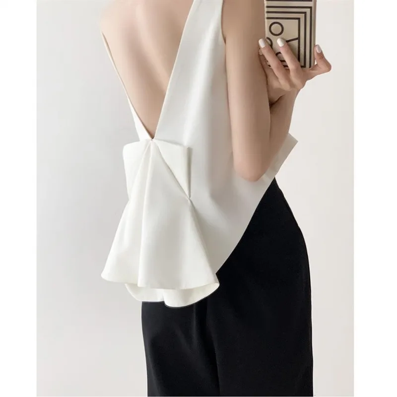 Temperament Bow Sexy Backless Tanks White Camis Crop Top Slim Women Blouse Blusas Mujer De Moda 2024 Verano Korean Shirts