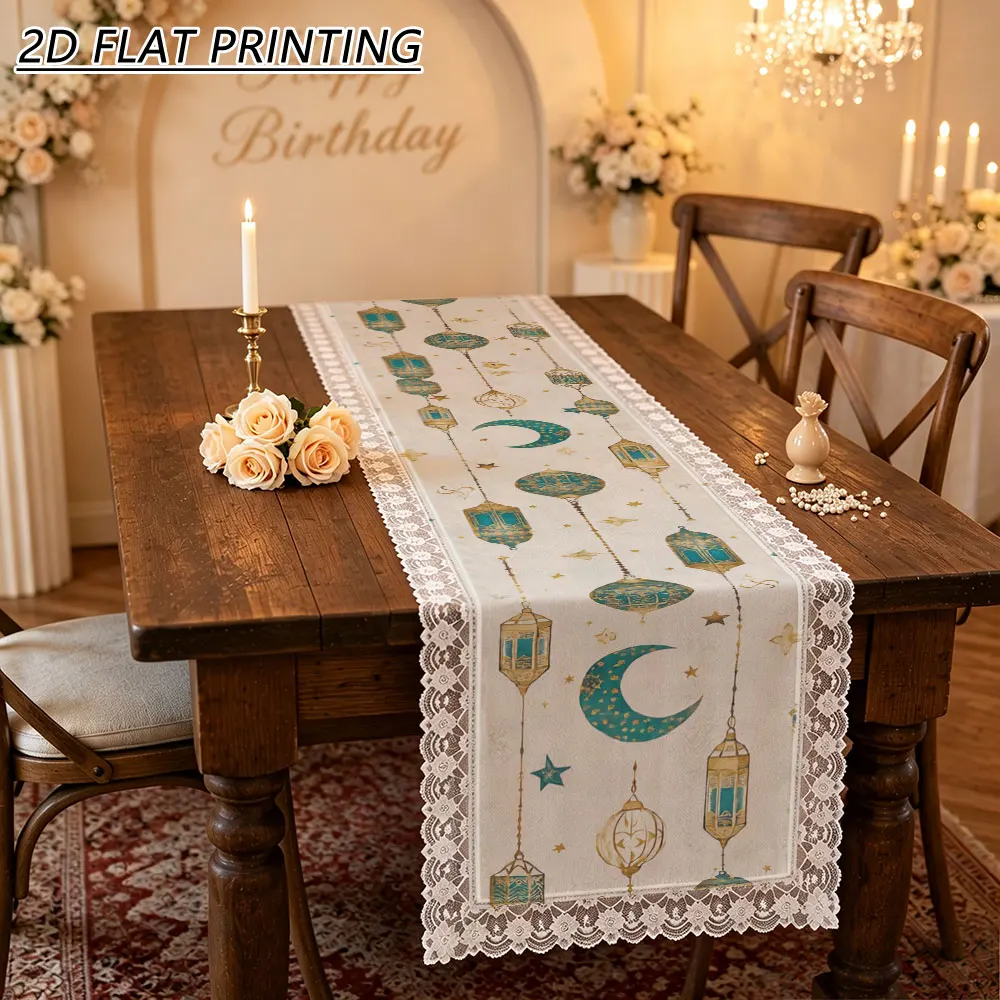 1pc Ramadan Moon Lantern Pattern Tulle Lace Table Runner For Muslim Family Eid Decor