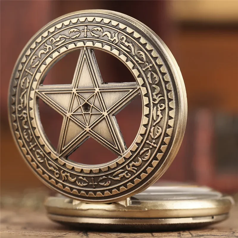 Classical Hollow-Out Pentagram Watch Half Hunter Antique Pocket Watches for Men Women Quartz Movement Necklace Pendant Chain