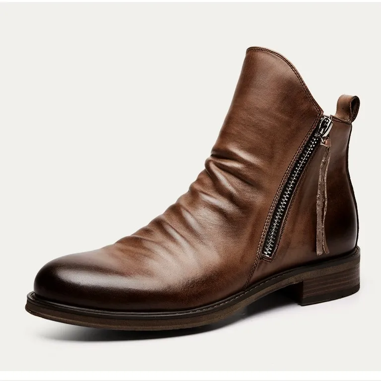 Men's boots European and American retro zipper men's boots new pleated Chelsea knight boots casual cowboy boots