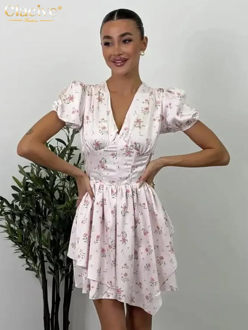 

Clacive Summer Slim Print Women's Dress 2026 Sexy V-Neck Short Sleeve Mini Dresses Elegant Classic High Waist Pleated Female Dre
