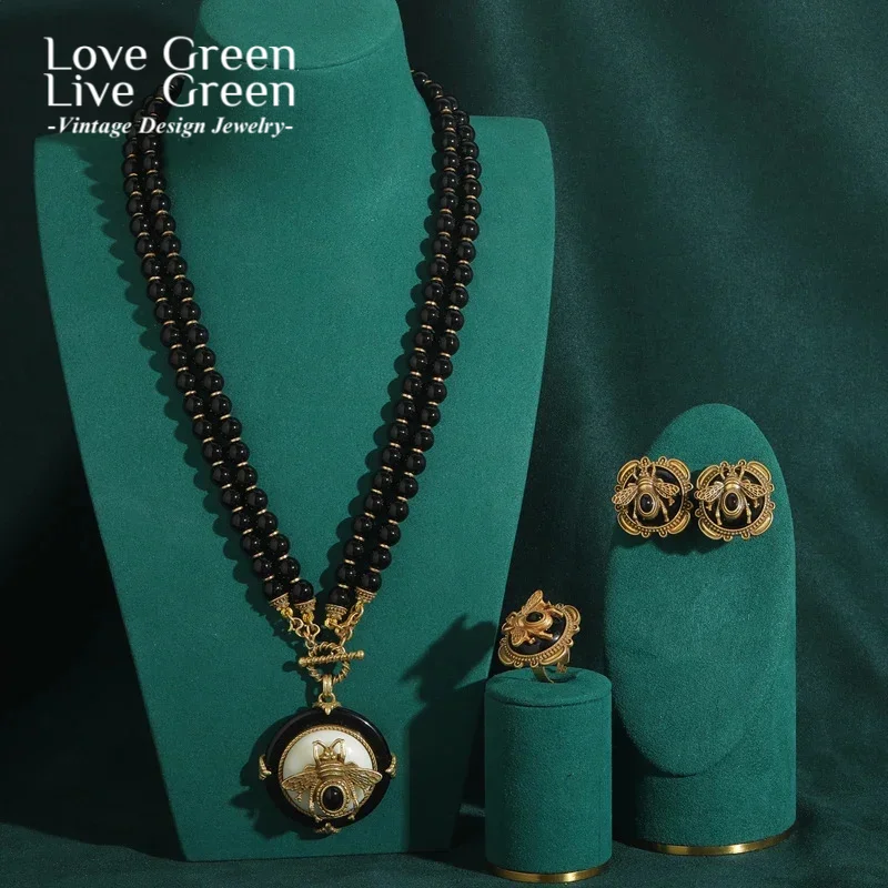 

Vintage Antique Black Bee Jewelry Set For Woman Luxury Designer Beaded Stone Wedding Luxury Necklace And Earring Bridal Retro