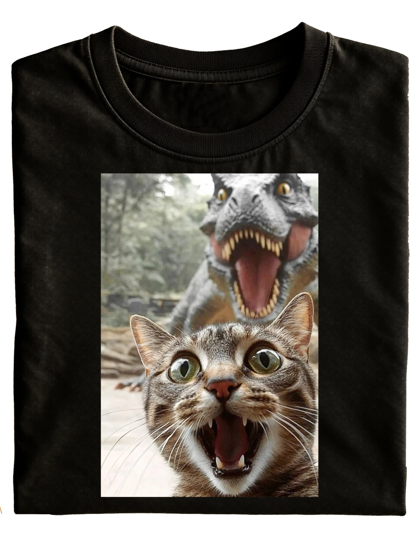 Funny Cat And Dinosaur T Shirt Unisex Black Graphic Print with Cat And Dinosaur Design for Casual Wear Gift Idea   Fashionable Versatile Holiday Style, PLUS SIZE