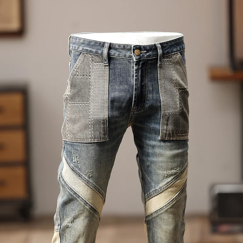 Stitching Design Fashion Street Motorcycle Jeans Handsome Man Trendy Casual Retro Stretch Slim Fit Skinny Pants