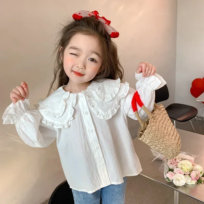 Baby Girls Blouses Kids Cotton Shirts 2024 Spring Fall Doll Collar Tops 1 To 6 Yrs Children's Korean Style Clothing Solid Color