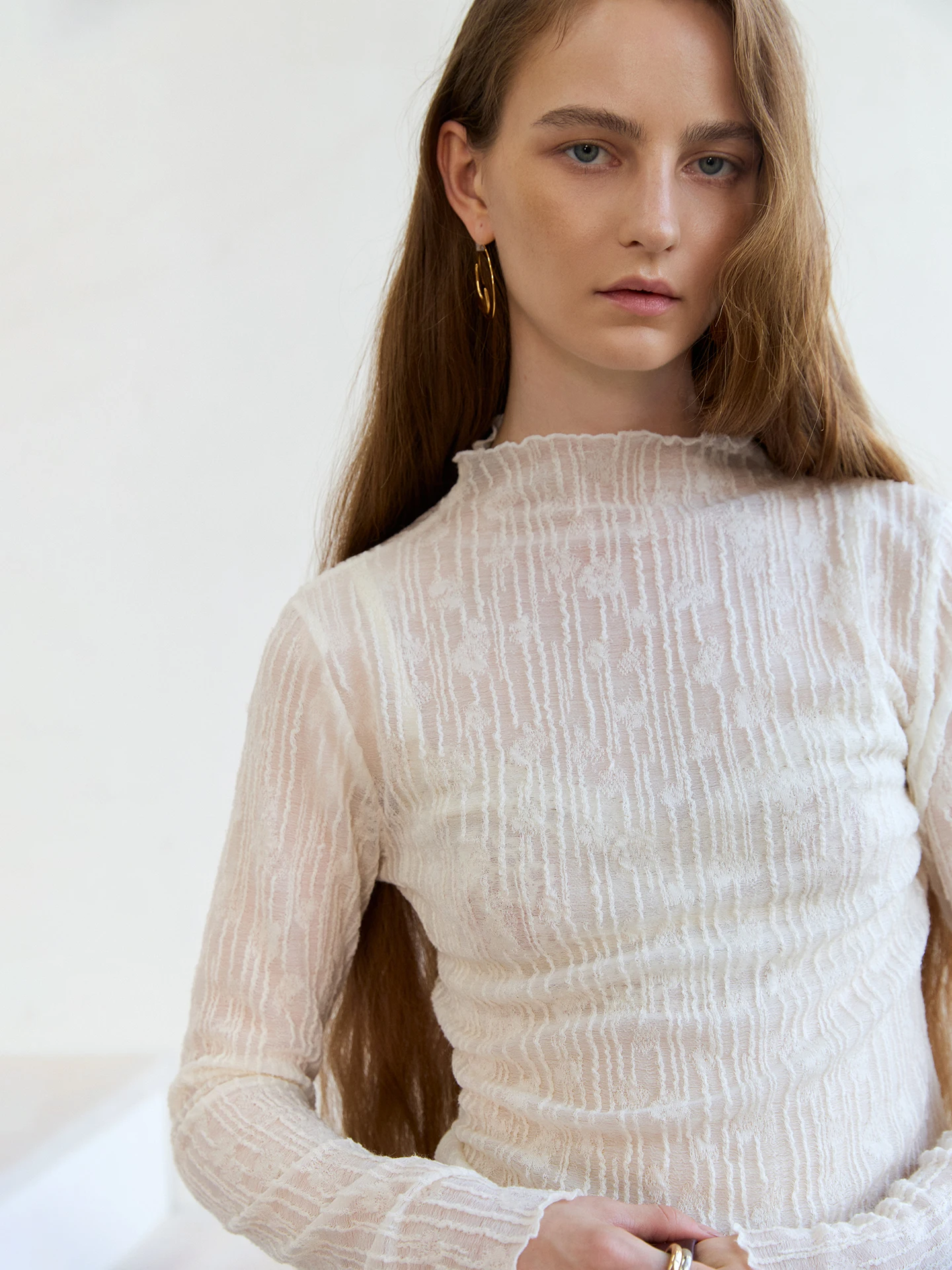 

Женская тонкая кофта Oz 20S из шерстяной смеси с кружевной вышивкой, 4 цвета, с высоким воротником, длинными рукавами, высокой эластичностью