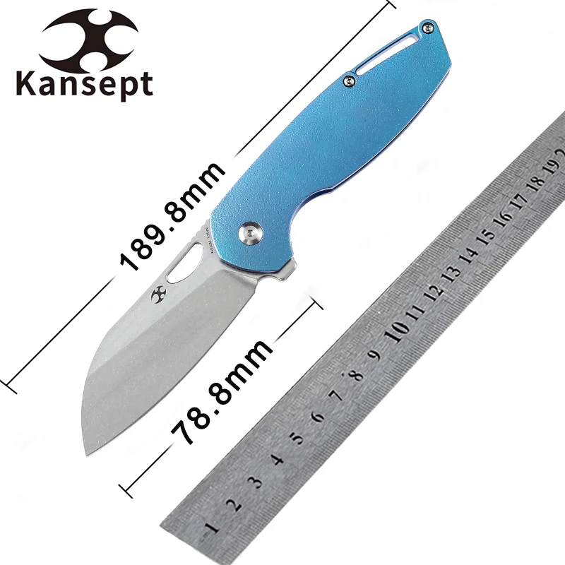 

Kansept Sheepsfoot Model 6 Folding Knives K1022B6 Stonewashed CPM-S35VN with Blue Anodized Orange Peel Titanium for EDC Carry