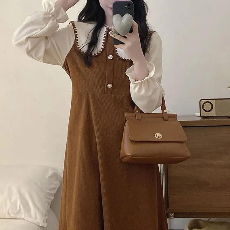 

Sweet Doll Collar Midi Dress Female Clothing Fake Two Pieces Autumn Winter French Style Vintage Patchwork Corduroy Waist Dresses