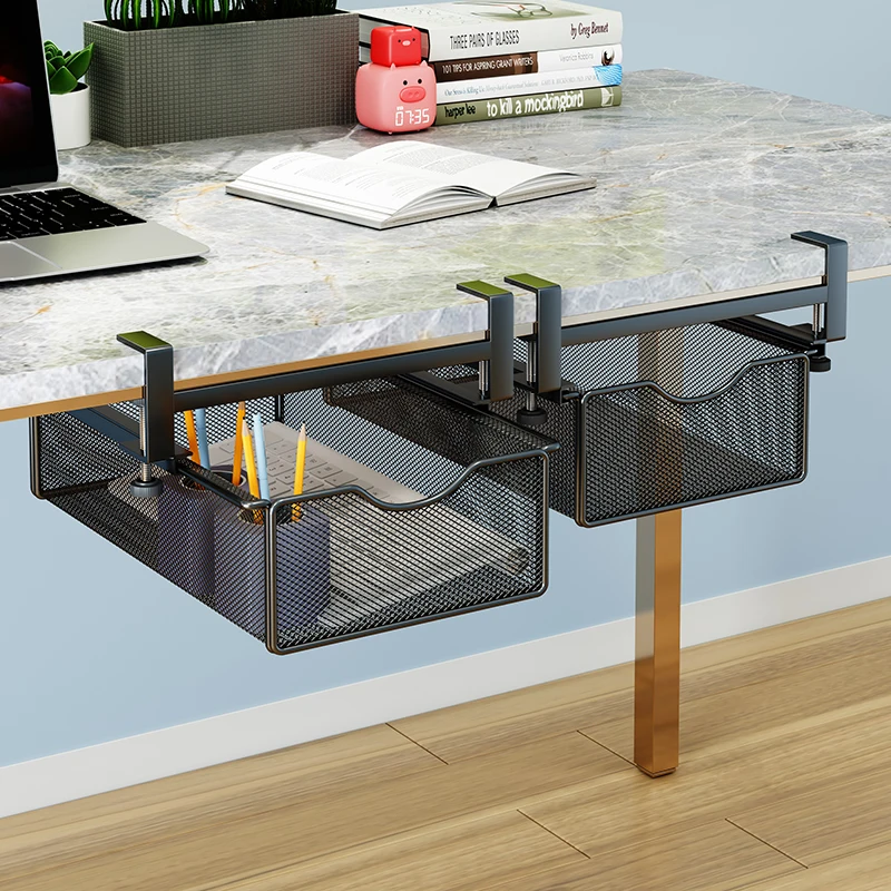 Under-Desk Drawer Slide Out Clamp-On-Desk Shelf for Office Supplies and Books Storage Metal Attachable Table Drawer Free-Punch