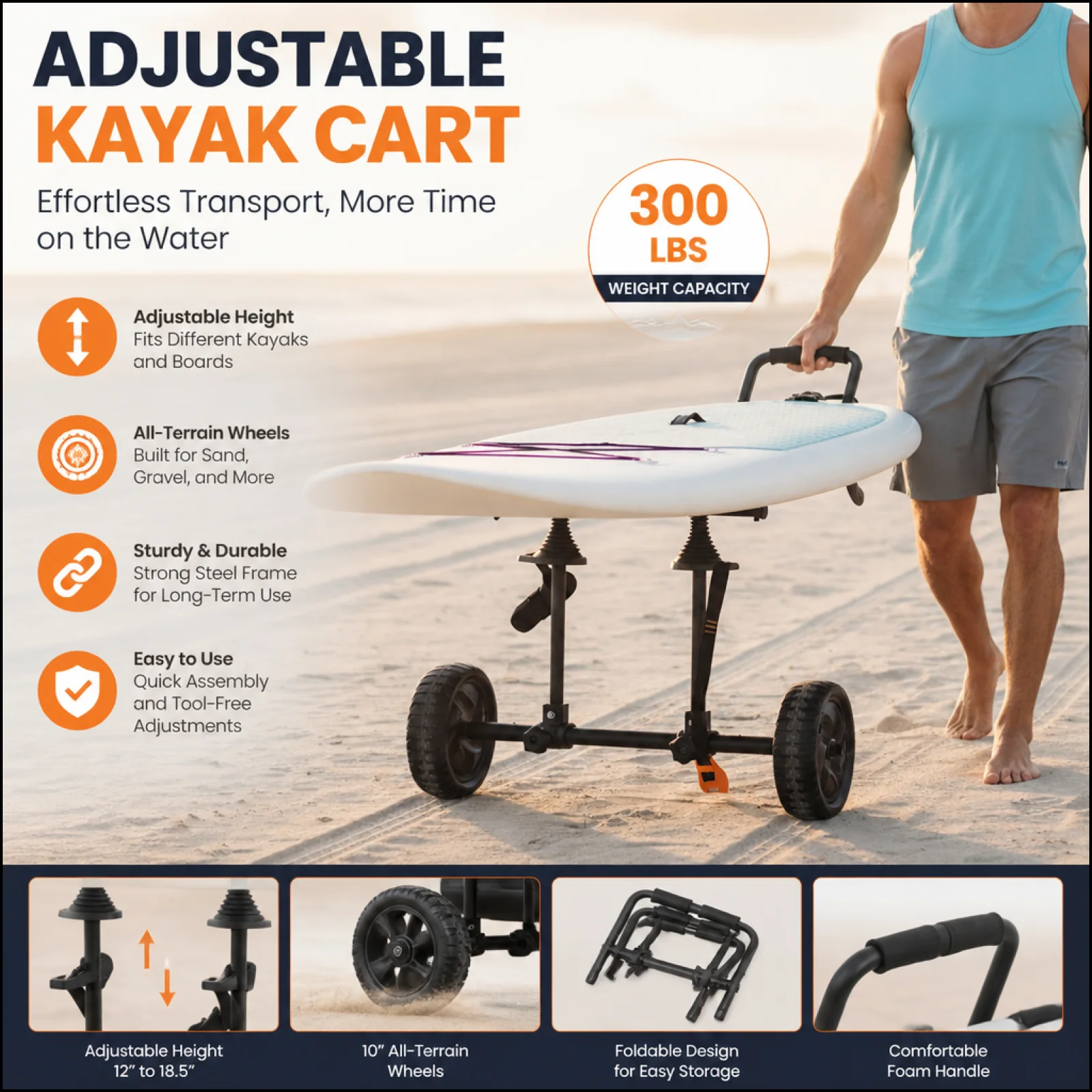 adjustable-kayak-trolley-plug-insert-pole-kayak-cart-upright-design-stand-up-paddleboard-transport-cart