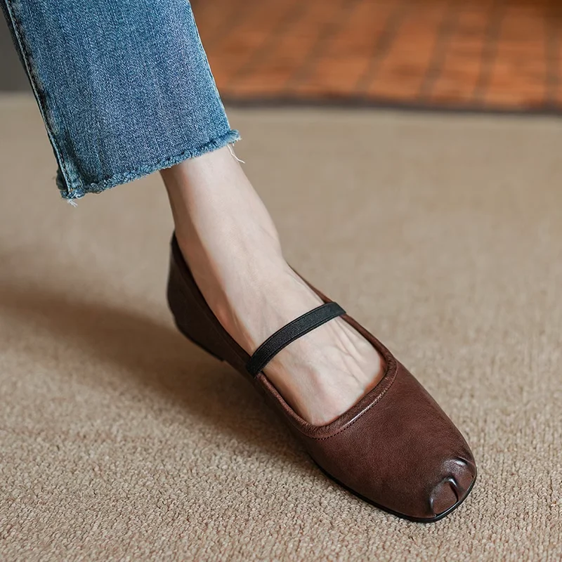 

Square Toe Ballet Flats On Low Heel Basic Flats Spring Shoes Woman Retro Soft Horsehide Loafers Slip On Ladies Vinttage Shoes