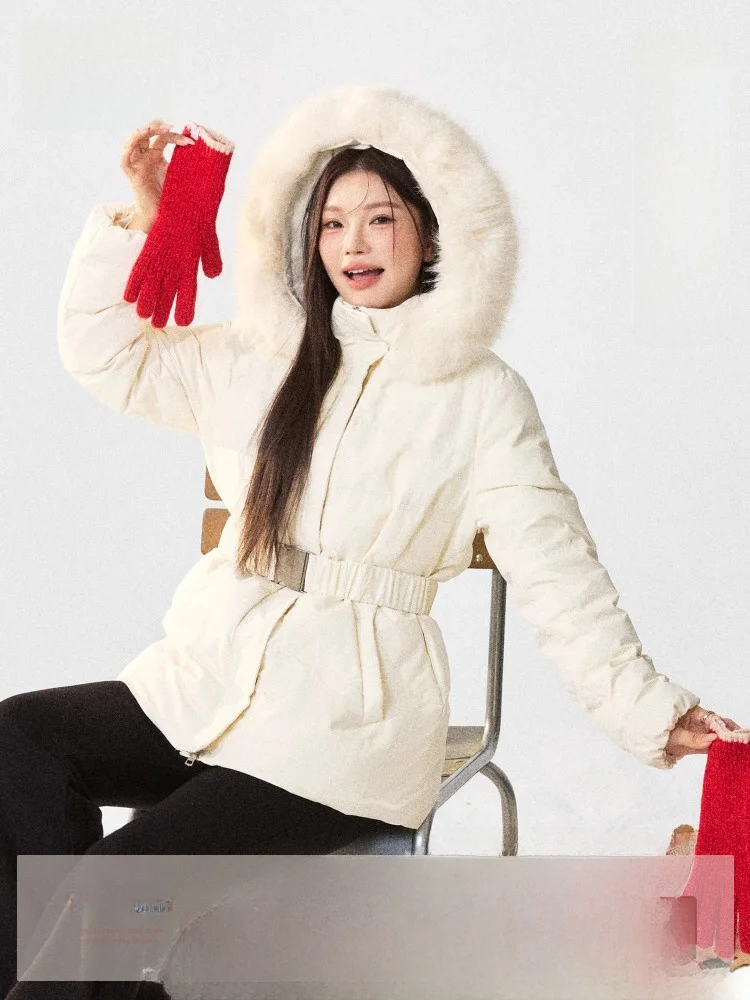 

Женская зимняя куртка-пуховик больших размеров с белым меховым воротником, приталенная, в корейском стиле, стройнящая, модная, от Zhang Adult