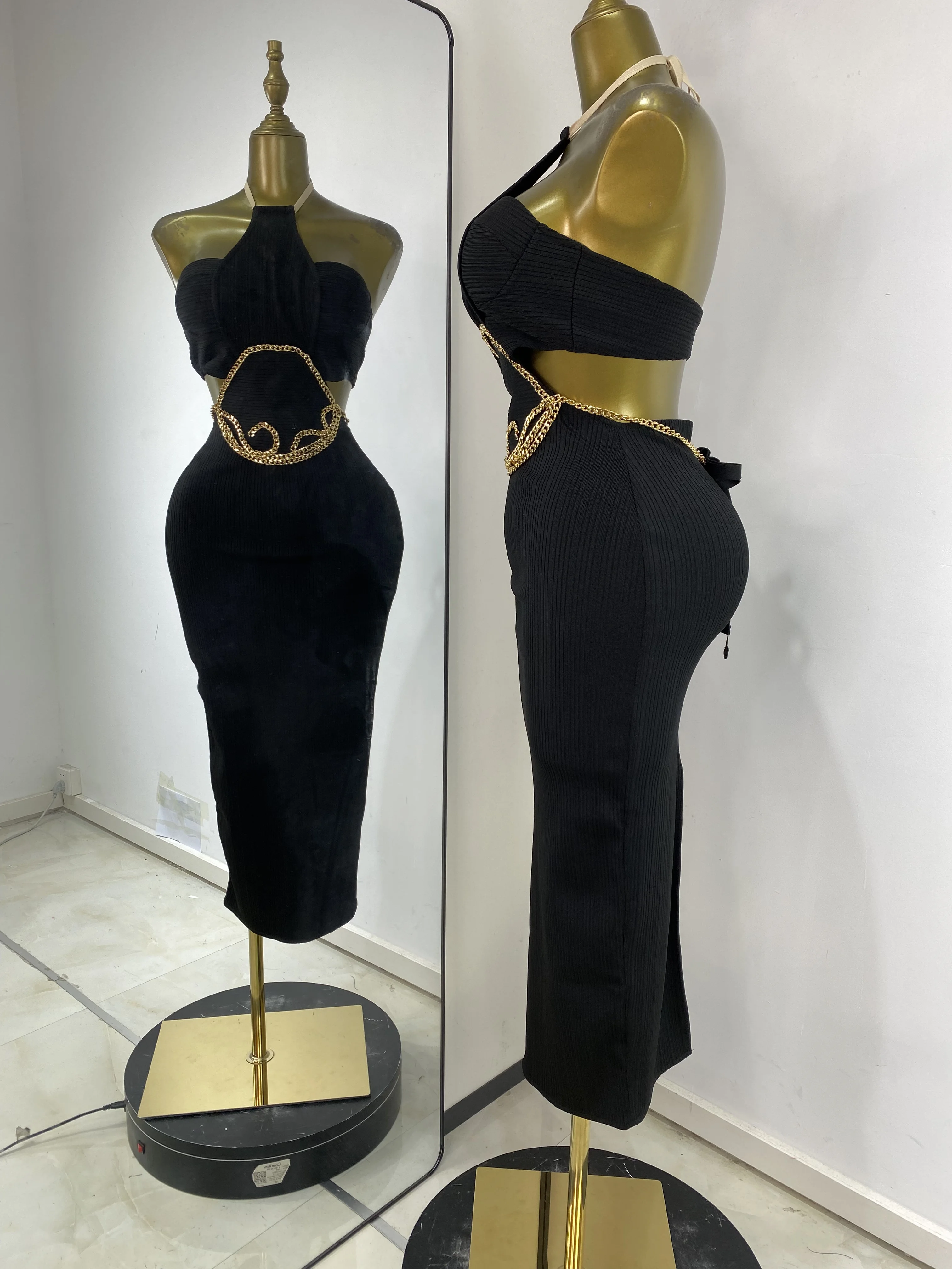 Feminino novo preto kib bandage vestido halter bustier corte corrente de ouro longo elástico malha celebridade noite clube vestidos de festa