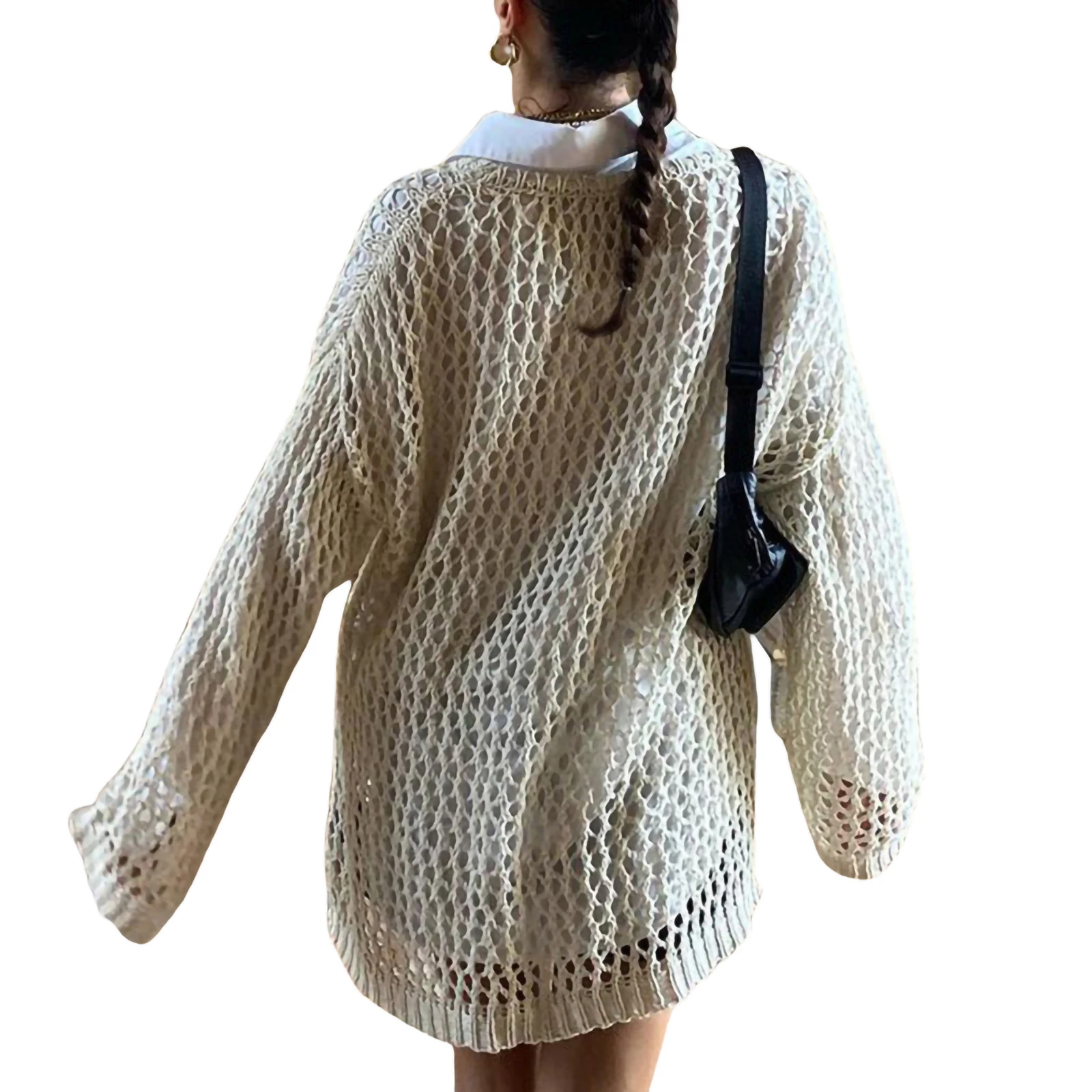 Women Sexy Hollow-out Knit Smock Blouse Loose Round Neck Long Sleeve Fishnet Pullover Knitwear