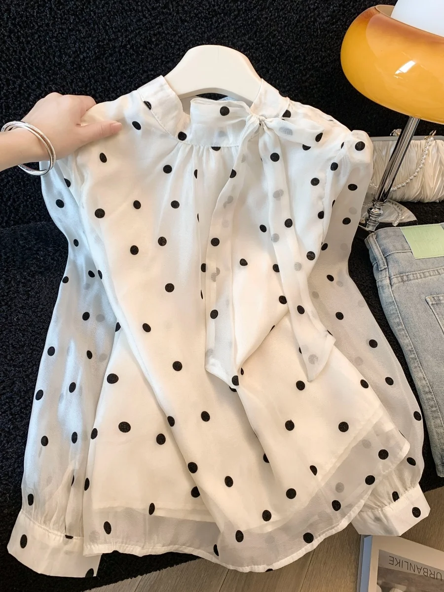 

Sweet Polka Dot Long Sve Women's irt Spring High-End Lightweight Age-Defng Faionable Knot Tie Silk Blouse