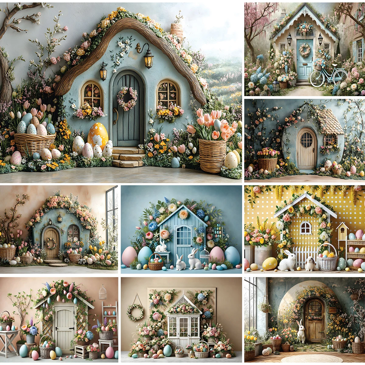 

Spring Easter Flower Photography Backdrop Fairy Tales Rabbit Cottage Decor Background Kid Birthday Cake Smash Photo Studio Props