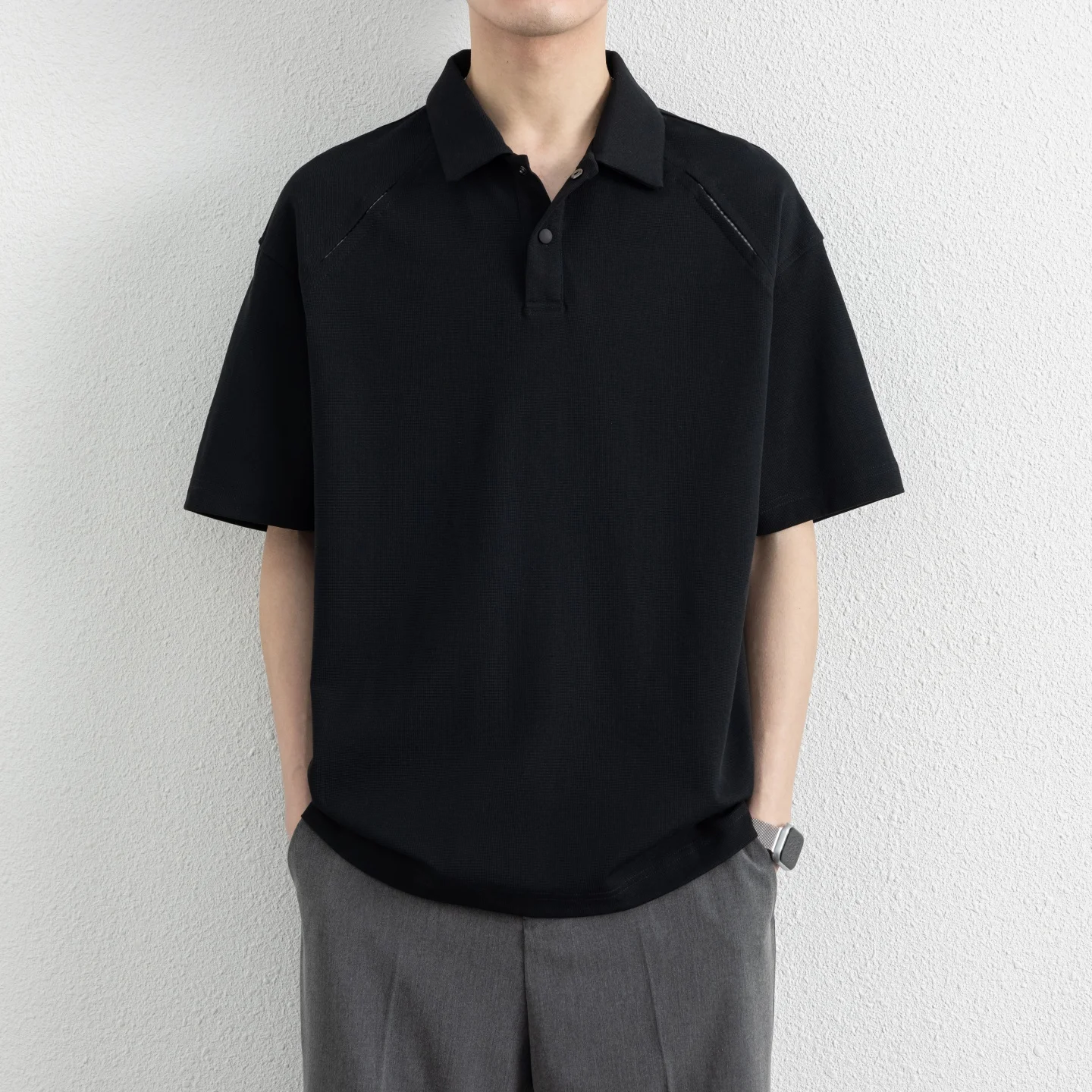 2026 Summer Men's Short-Sleeved Open-Back Checkered Patchwork Shirt with Collar T-Shirt Youth Polo Shirt