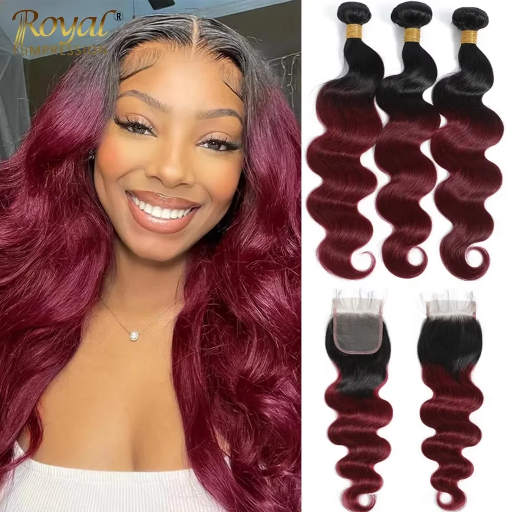 Human Hair Bundles With Closure 1B/Burgundy Brazilian Body Wave Weave Bundles 100% Human Hair Extensions Lace Frontal Clearance