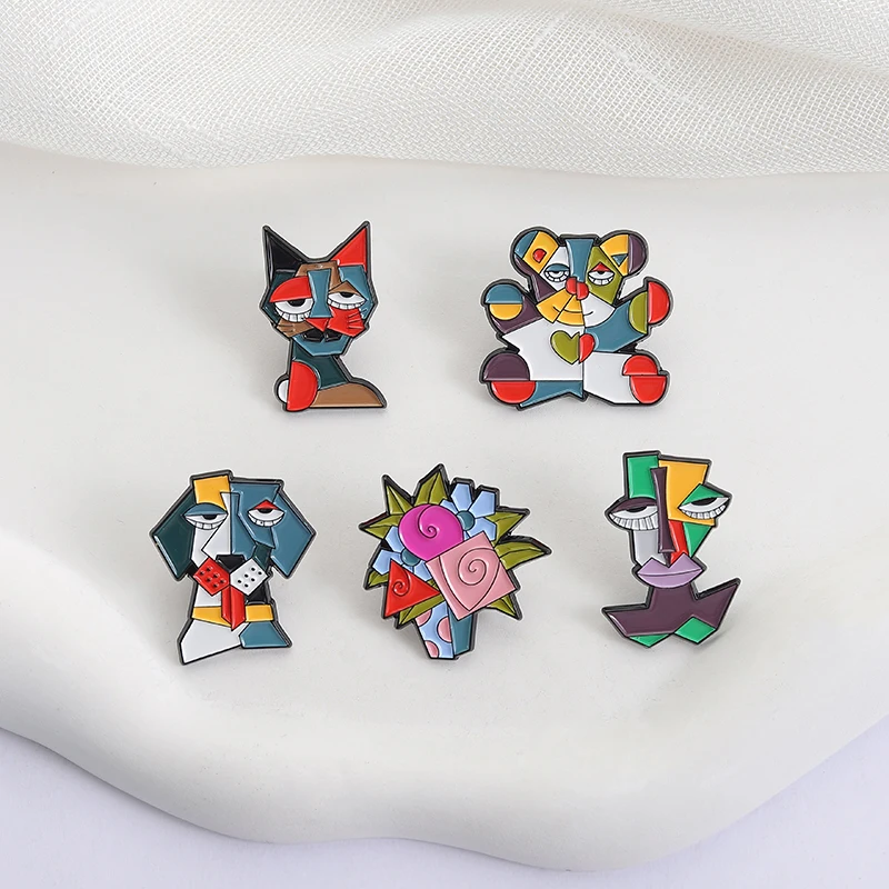 بيكاسو الحديثة نمط المينا دبابيس القط الكلب النفط اللوحة صور دبابيس التلبيب شارات الكرتون الفن مجوهرات هدية للأطفال الأصدقاء #1