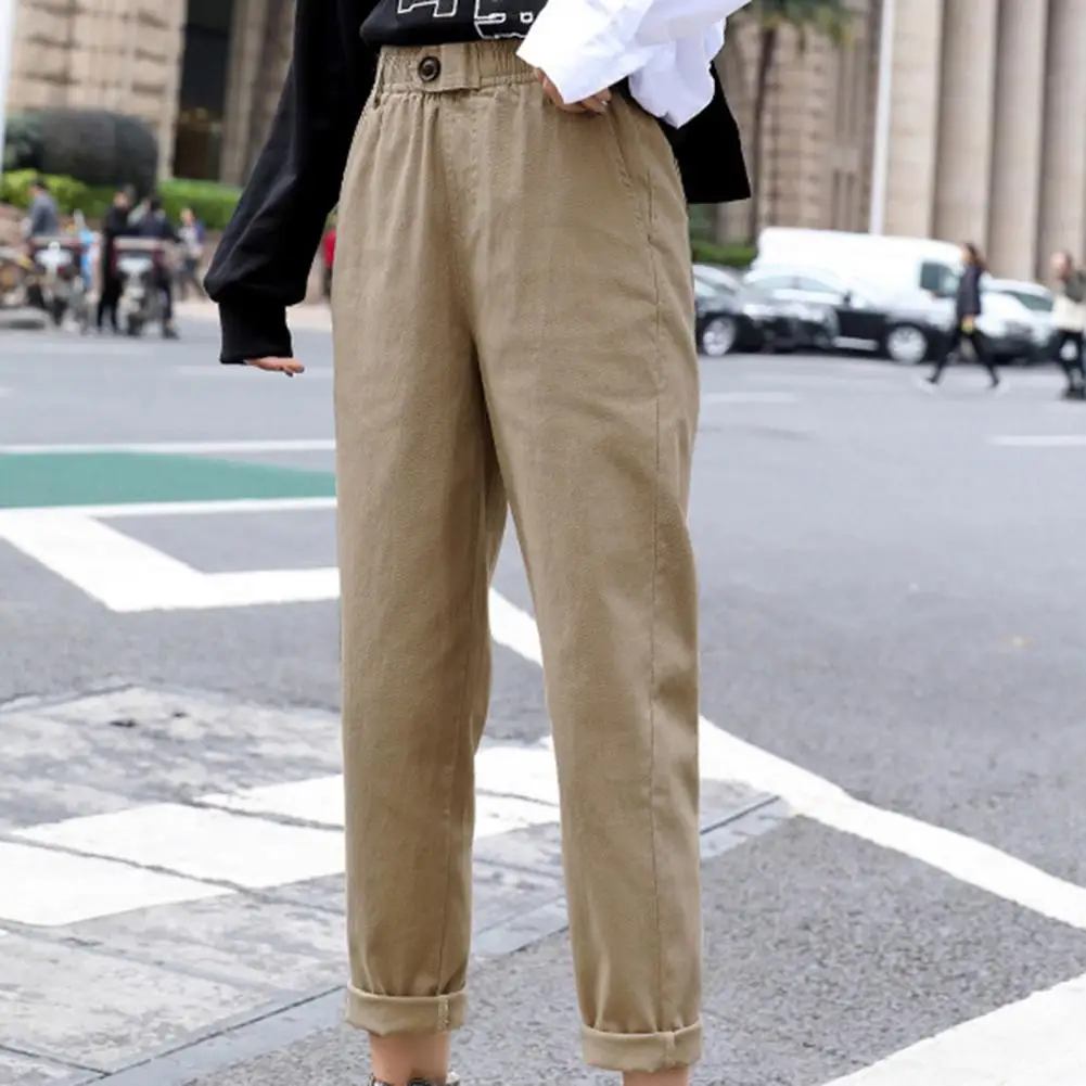 

Stylish Women Pants Button Design Cotton Blend Cropped Trousers Skin-friendly Cropped Trousers