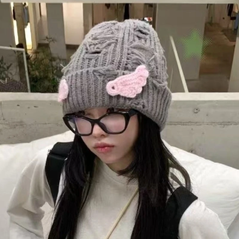 Korean Crochet Wings Beanie Hat for Women Gray Warm Winter Knitted Cap with Twist Braid Y2k Cute  Soft Girl Streetwear Hat Gift