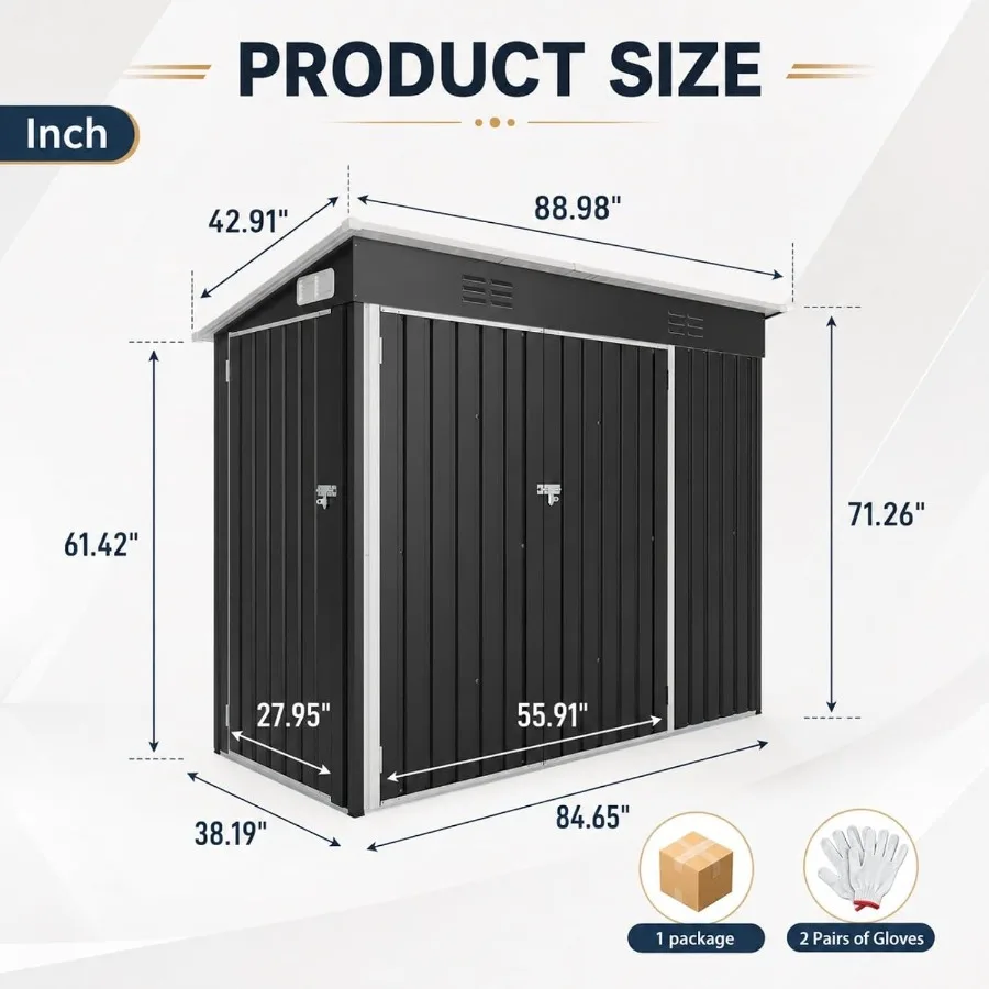 Outdoor metal storage shed, galvanized steel, gray, 4x8 feet, lockable for secure tool and equipment storage