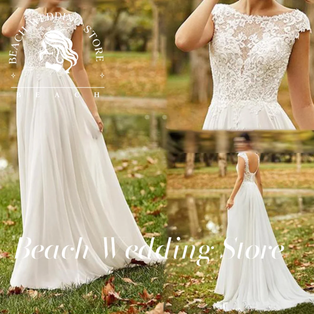 

Bohemian Customized Wedding Dress O Neck Open Back a Line Beach Boho Gowns Vestid Garden robes de mariée Sheer Top Sweep Train