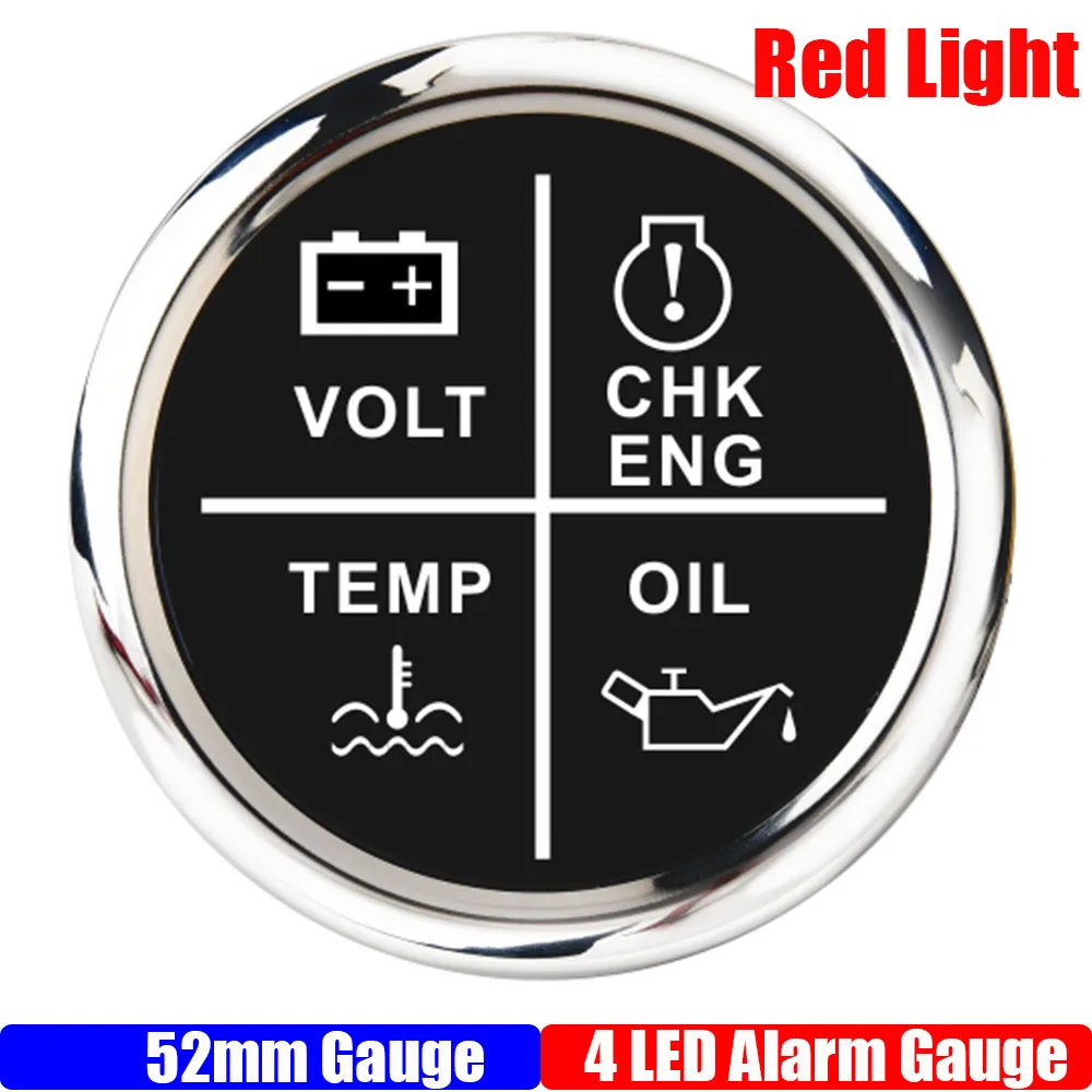 Red Backlight 52mm 4 LED Alarm Gauge Meter Volt Oil Press Water Temp Check Engine Alarm Indicator Gauge fit Car Boat DC12V 24V