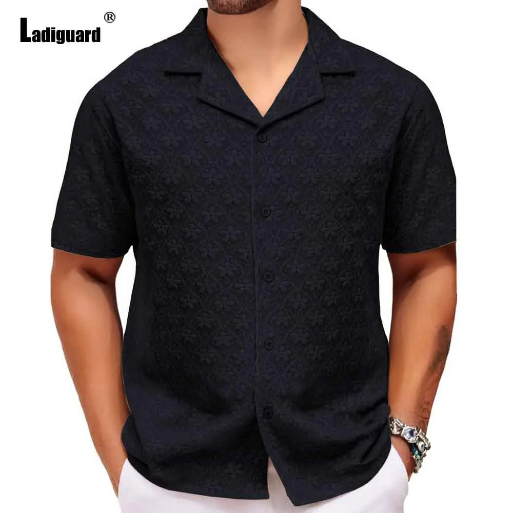Men Short Sleeve Flower Shirts Clothing 2025 Europe Fashion Notched Tops Solid Basic Knitwear Mens Casual Open Stitch Blouse New