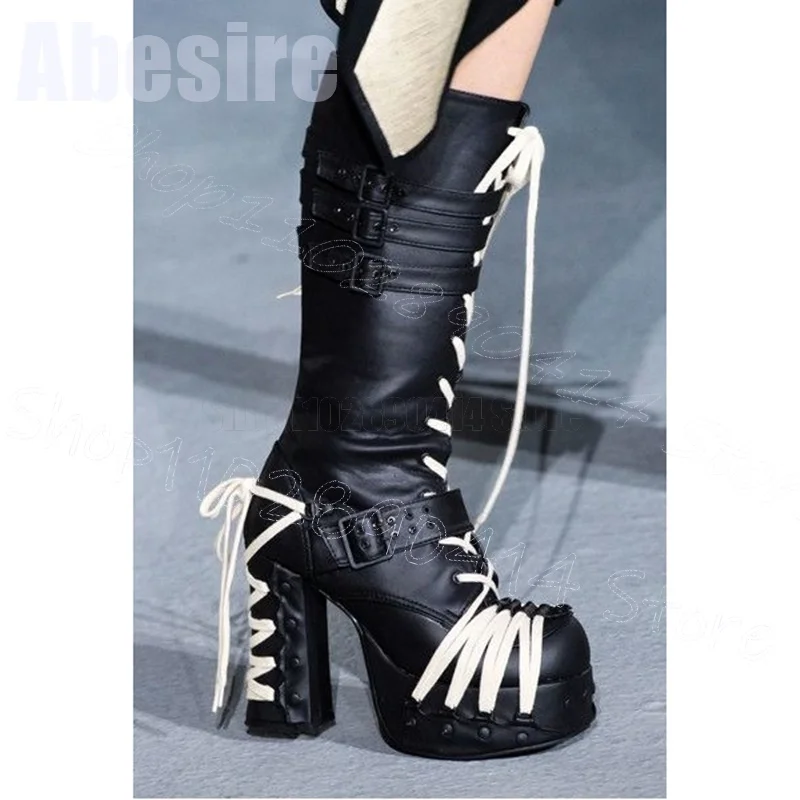 Purple Strappy Black Buckle Decor Platform Boots Side Zipper Women Shoes Chunky High Heels Party Runway 2024 Zapatos Para Mujere