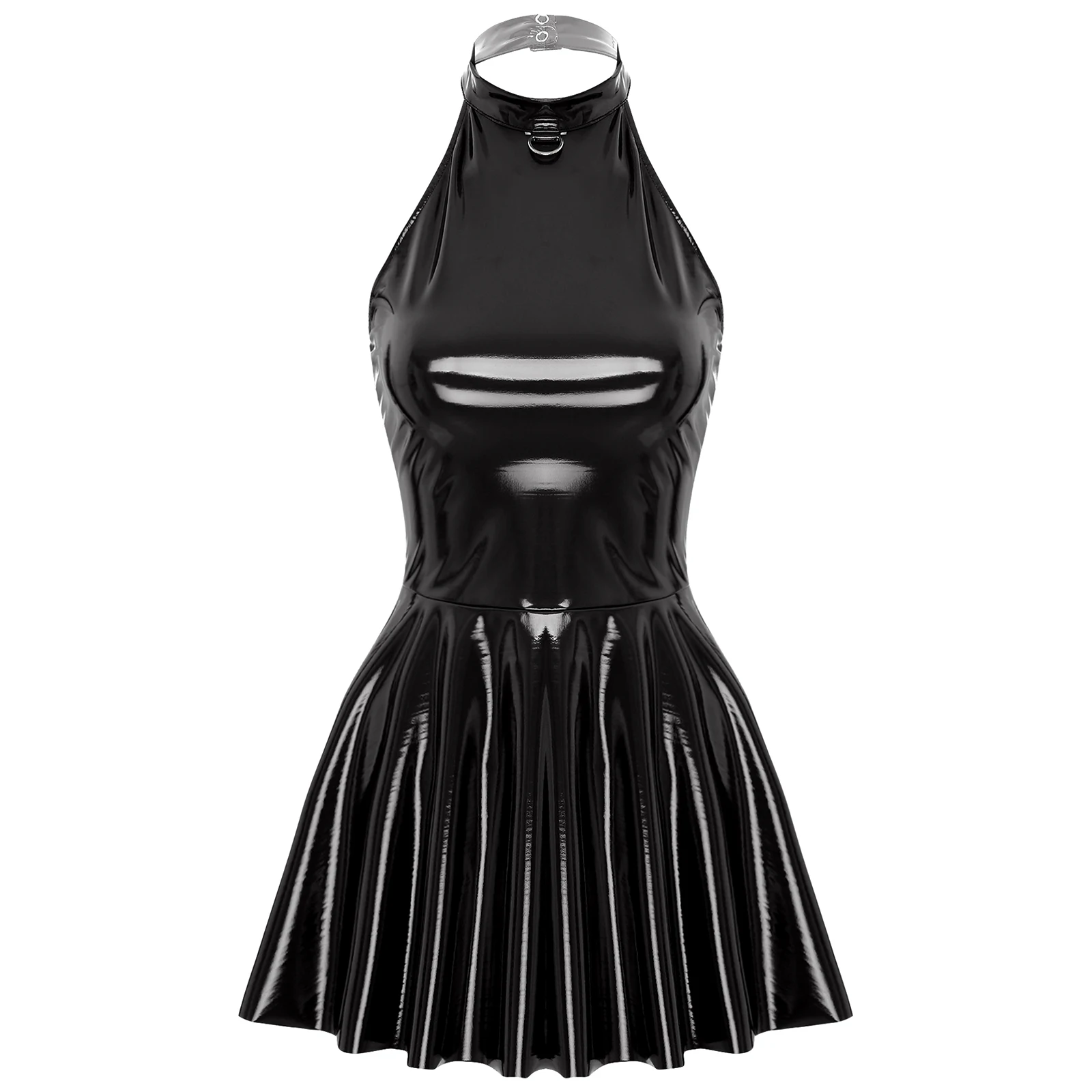 Robe de jazz en cuir brillant pour femmes, robe licou sexy, mini jupe solide pour documents, jupe balançoire, vêtements de performance sur scène, chaud