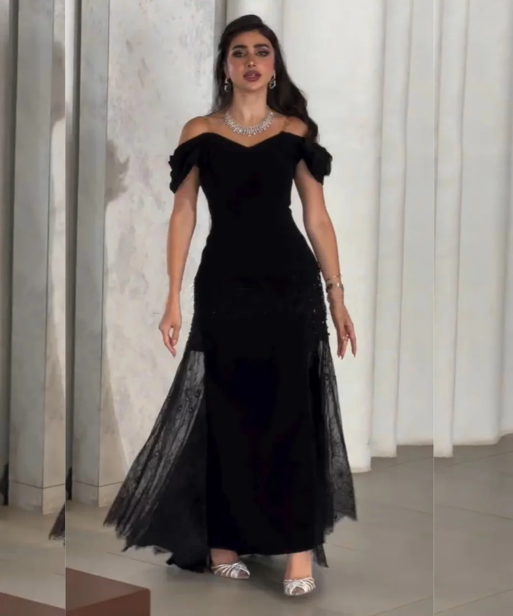 تخصيص أنيقة جيرسي مطرزة نمط مستقيم خارج على الكتف فساتين حفلة موسيقية طويلة مخصصة مناسبة رسمية