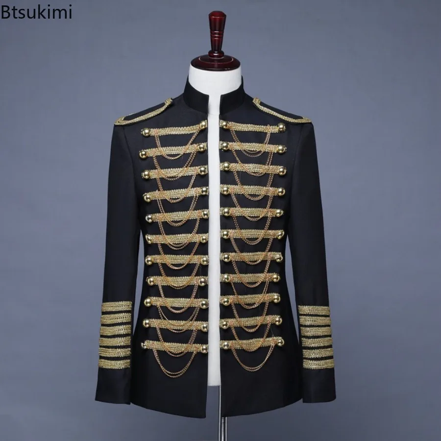 Fashion Men's Dress Suit Bar Nightclub DJ Steampunk Jackets Metal Chain Stand Collar Slim Coats Singer Stage Performance Clothes