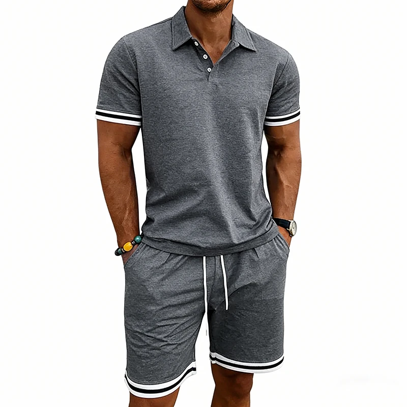 

Men's two-piece set of polo shirt and shorts, with simple color-contrast decoration, suitable for summer everyday casual wear
