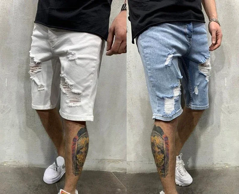 High-Streets Summer Ripped Jeans Skinny Denim Shorts for Men with Distressed Ripped Cat Whiskers Hip Hop Streetwear Short Pants