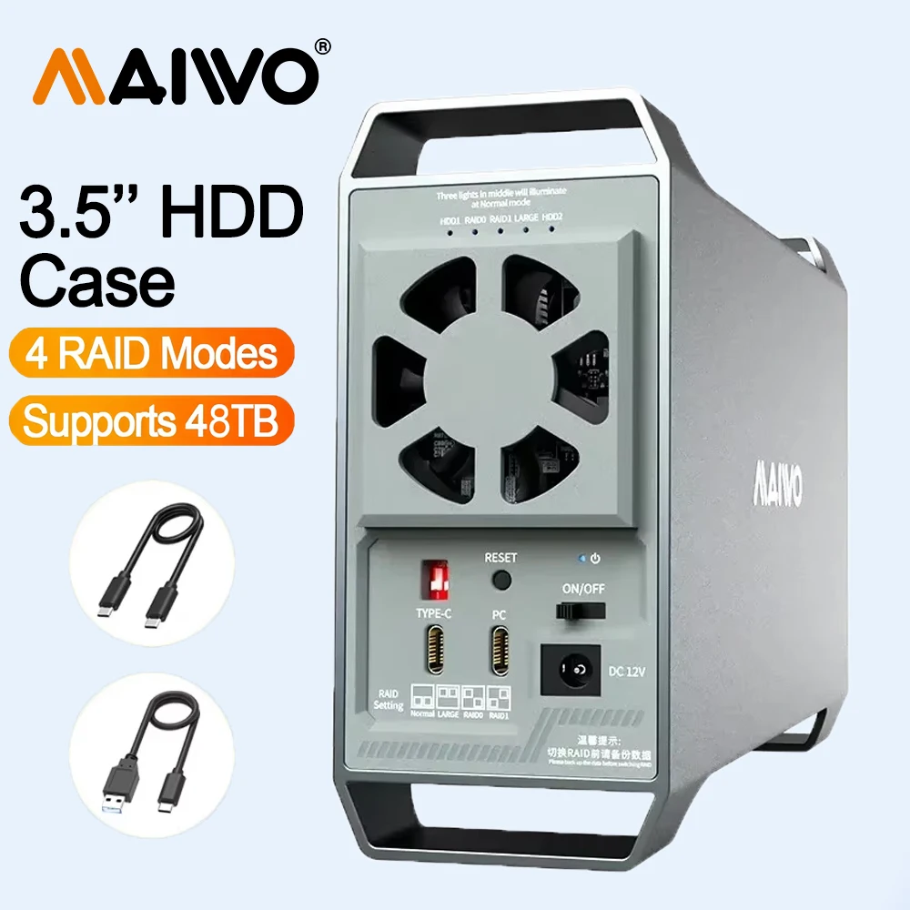 

MAIWO, 10 Гбит/с, 3,5 дюйма, Type-C, корпус SATA для жесткого диска, 4 режима RAID, контроль температуры, RAID-накопитель, док-станция для жесткого диска с двумя отсеками