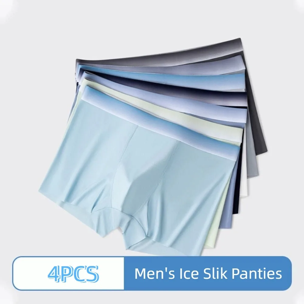 4PCS Breathable Mid Waist Men's Ice Silk Panties Simple Underpants Seamless Boxers Briefs Solid Lingerie Underwears for Man Man