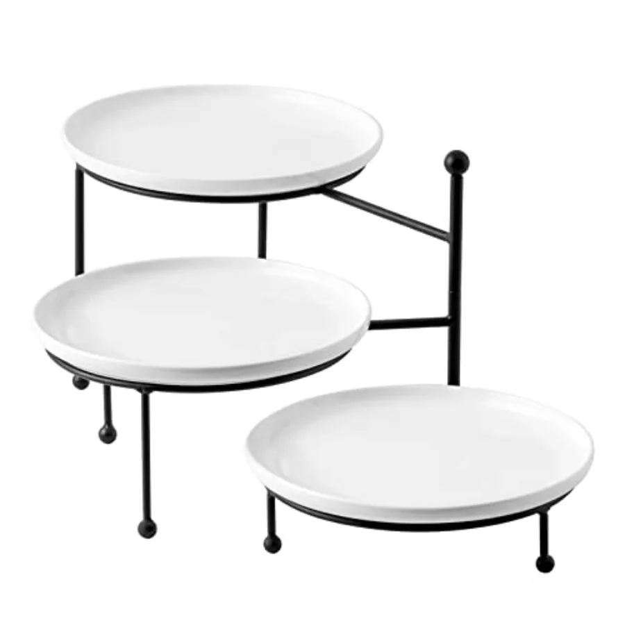 

3 Tiered Serving Stand with White Porcelain Plates, 10" Round Tray, Dessert Table Display Set, Black Metal Stand, Versatile & Du