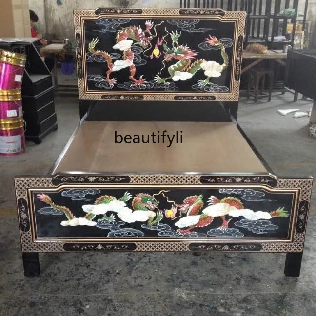 

Solid wood bed, shell double dragon antique bed, foreign collectibles, luxury classical bed, black