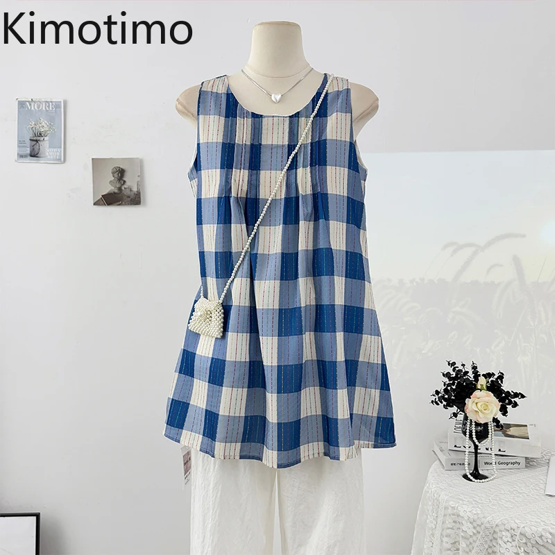 

Kimotimo Sweet Blue Palid Sleeveless Shirt Women 2025 Summer Round Neck Chic Striped Pleated Top Vintage Casual Versatile Blouse