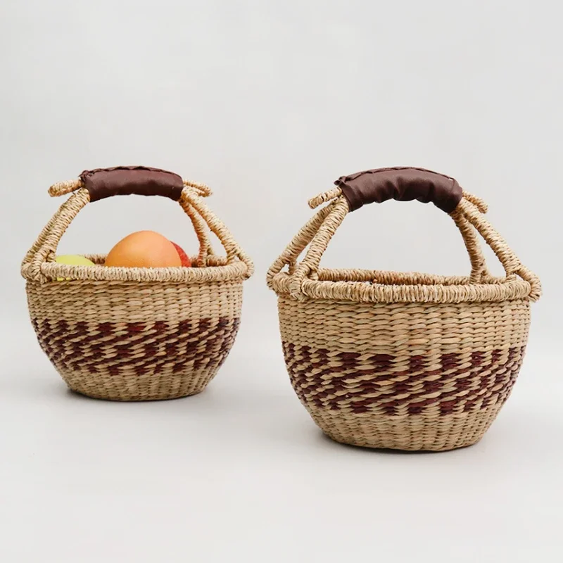BP30 African-Inspired Handcrafted Sea Grass Wicker Basket - Storage Organizer Picnic & Grocery Basket for Outdoor Beach